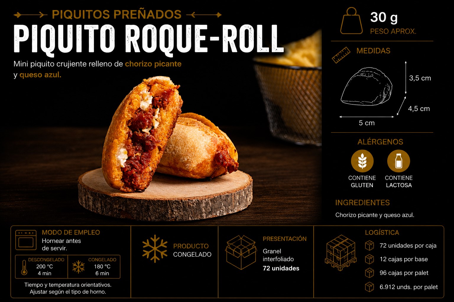 Piquito relleno de chorizo picante y queso azul para eventos