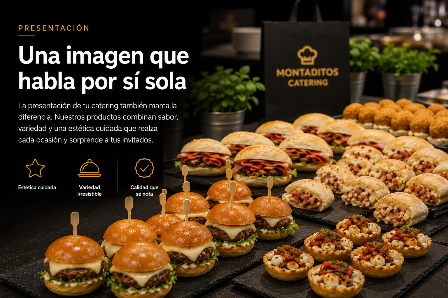 Presentación profesional de mini burgers y montaditos para catering